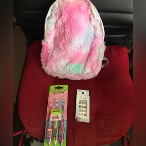 Colorful Furry Backpack & lol girls toothbrush